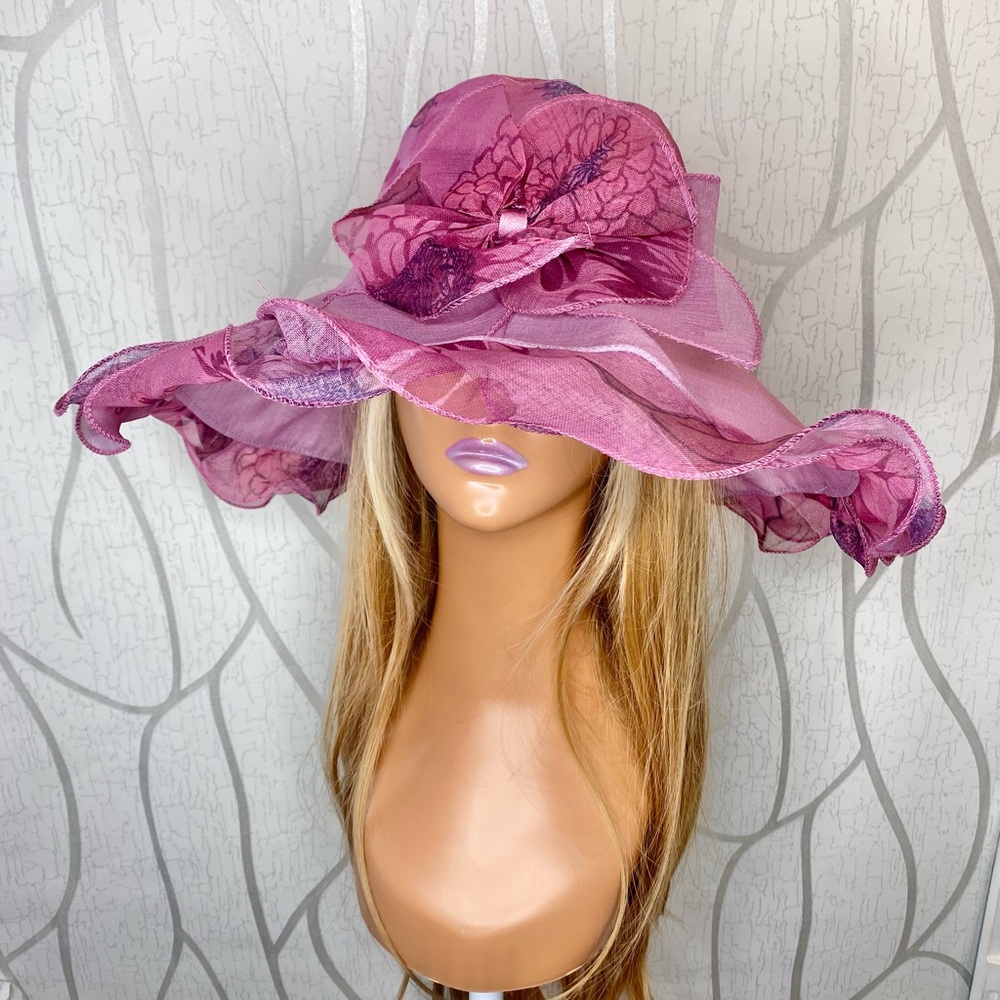 🎀🌷 Mauve Pink Floral Elegant Ruffle Trim Sun Hat 🌷🎀 NWT - Picture 4 of 15